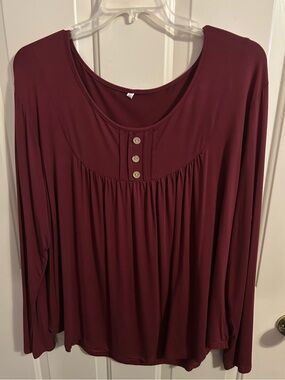 Burgundy Long-Sleeve Scoop Neck Top with Button Detail